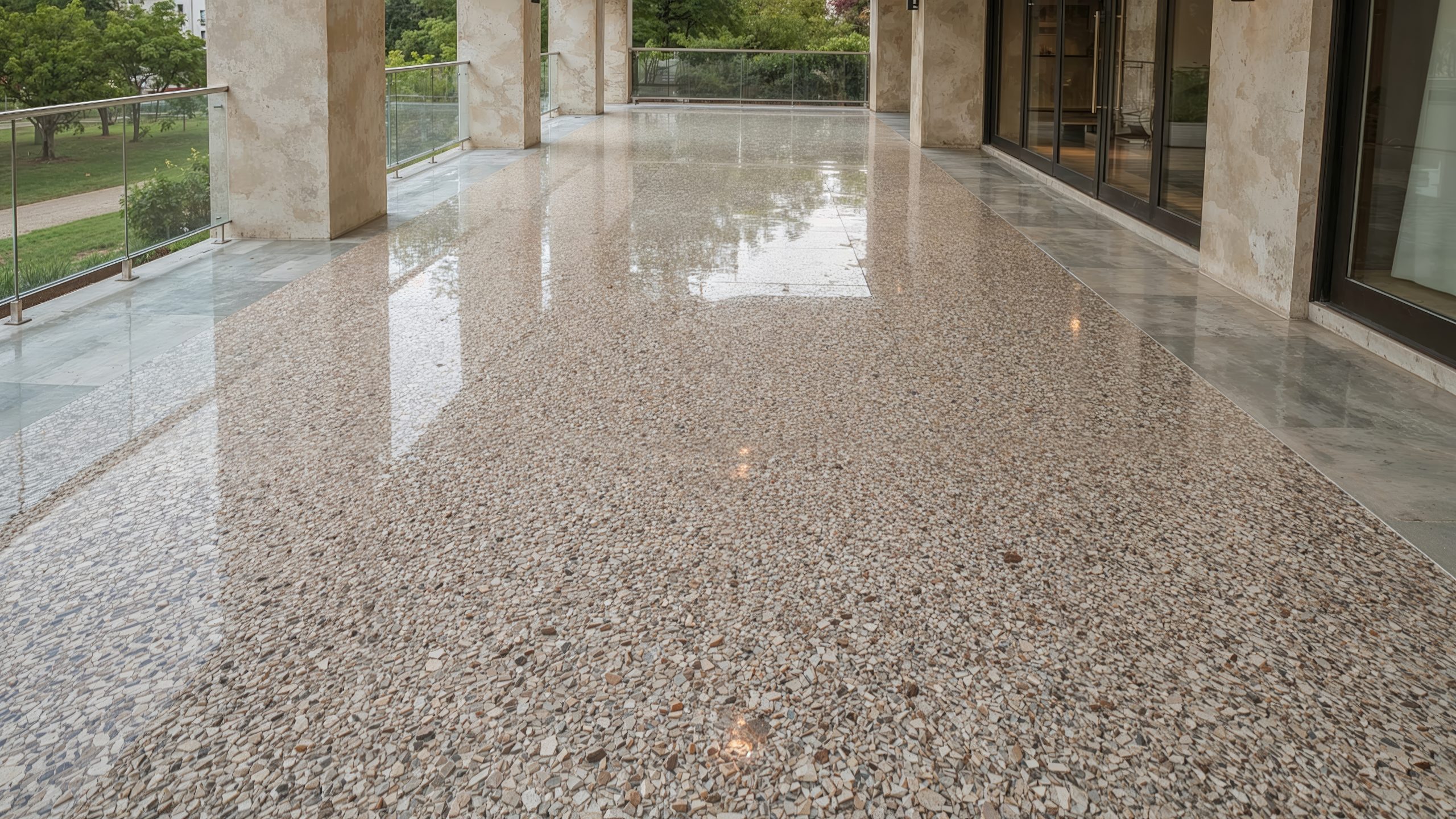 Stone carpet terrace floor made of marble pebbles and epoxy resin, bordered by weathered stone tiles Marble Flooring Restored
