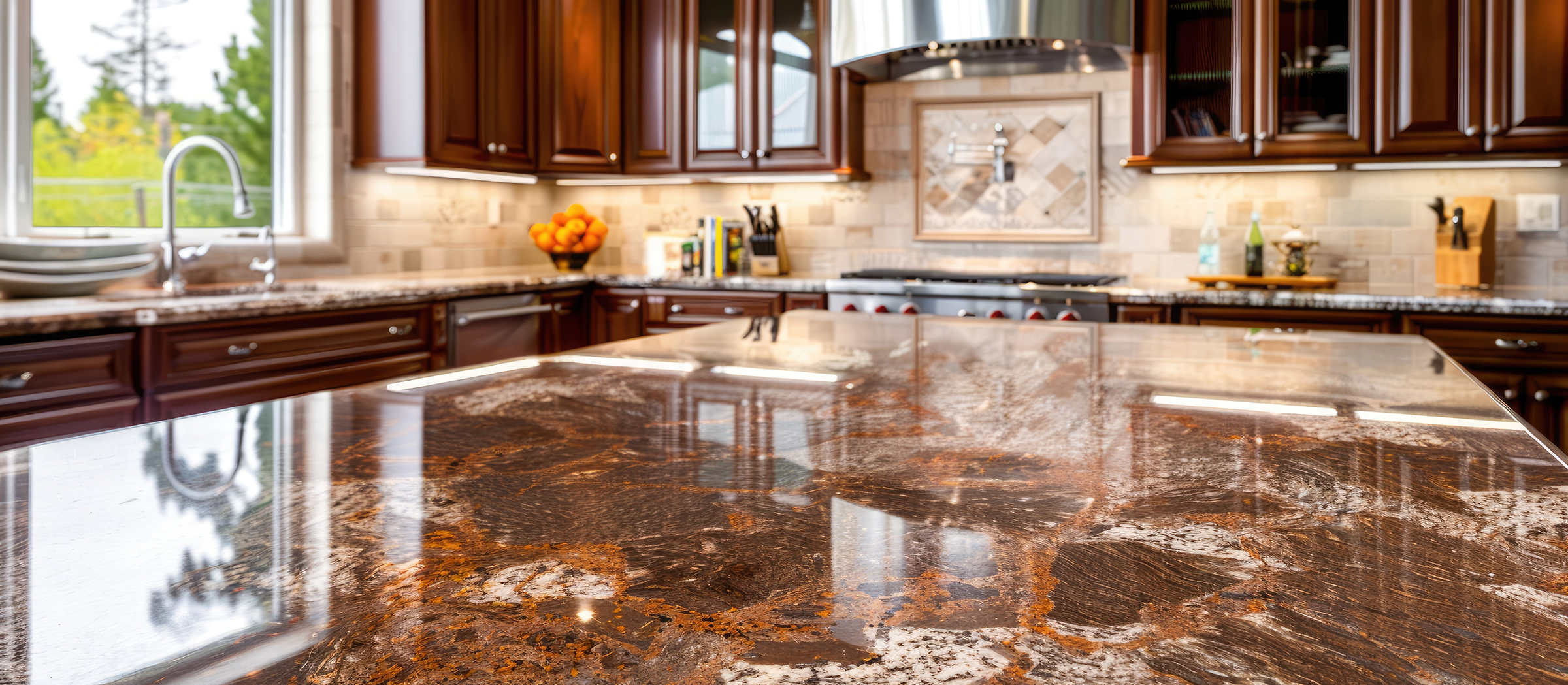 An image of contemporary kitchen cabinets and a granite countertop. Kitchen restoration marble